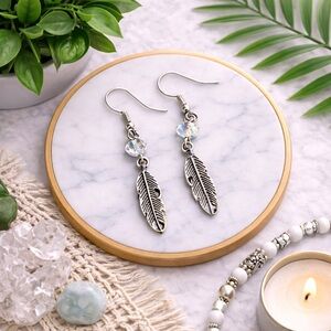 Boho Western Silver Feather Drop Earrings with Iridescent Beads